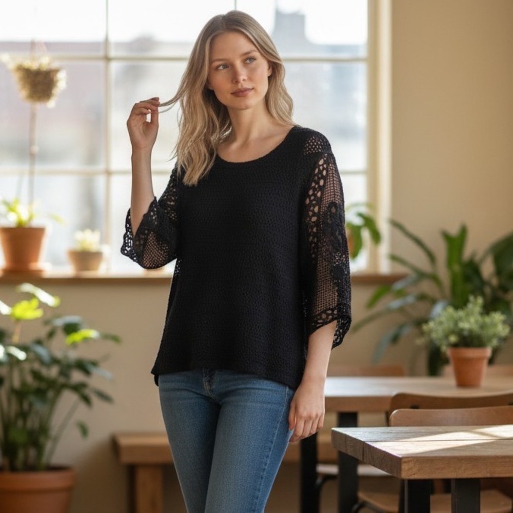 Sparrow Anthropologie Black Crochet Lace Sleeve Open Knit Cotton Sweater Small
